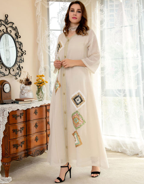 Sequins Jalabiya Imitation Linen Abaya for Evening Party Occasions